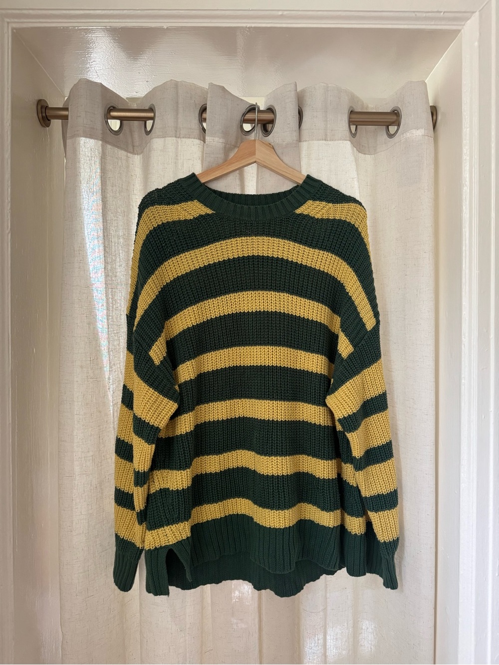 American Eagle Green and Yellow Striped Knit Sweater